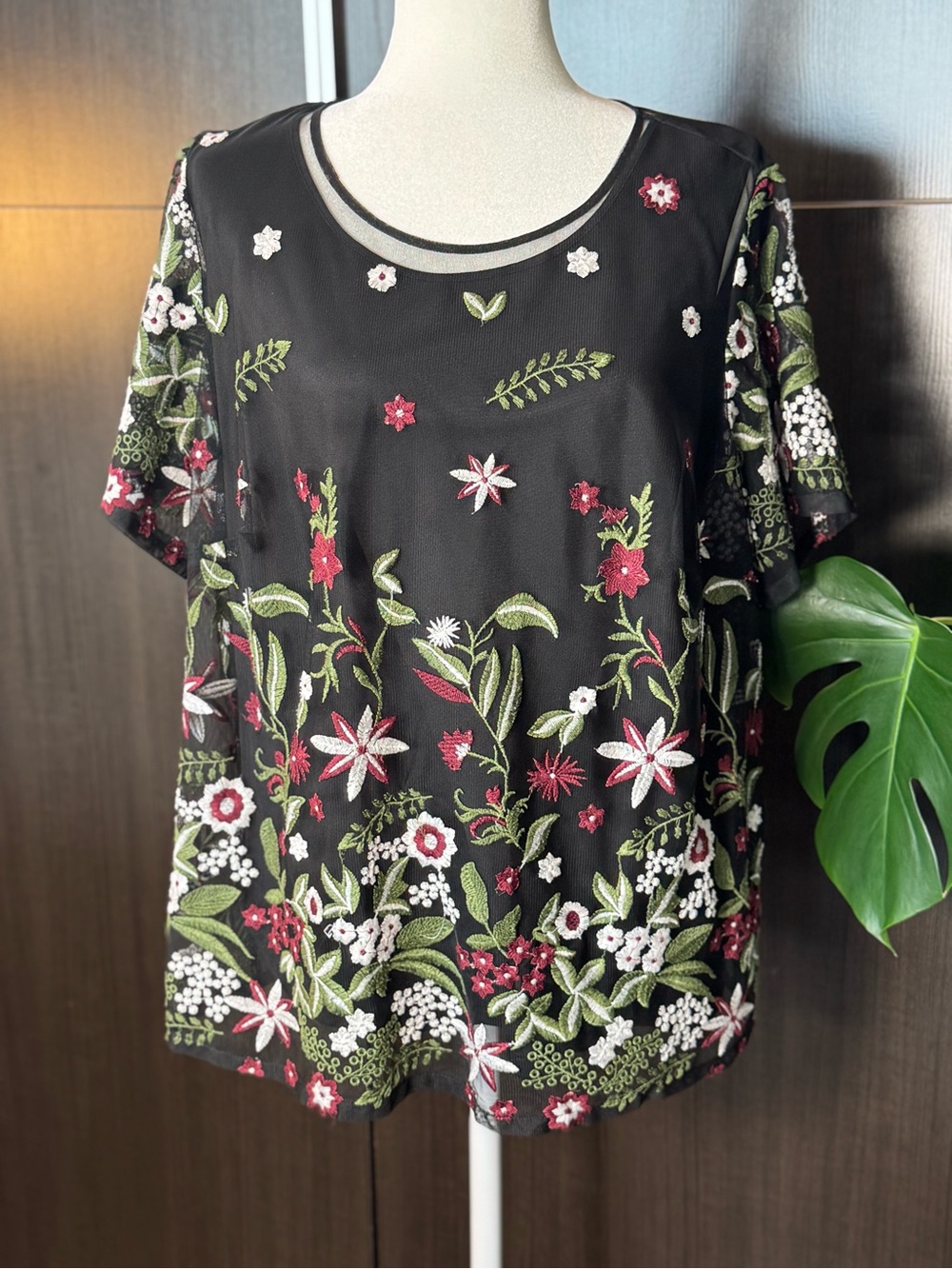 Embroidered Floral Sheer Black Women's Top
